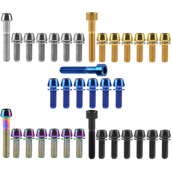 Wanyifa Titanium Bolt Set 1pc M6x35mm Taper/Cap Hex Head Screw+6pcs M5/M6x16 18 20mm Taper Hex Head with No-shedding Washer Screws for Bicycle Upgarde Set Kits